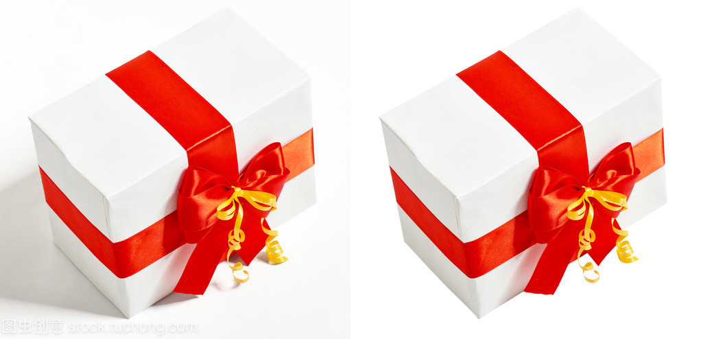 禮品盒裝飾紅絲帶和蝴蝶結(jié),工作室白色背景上的對象